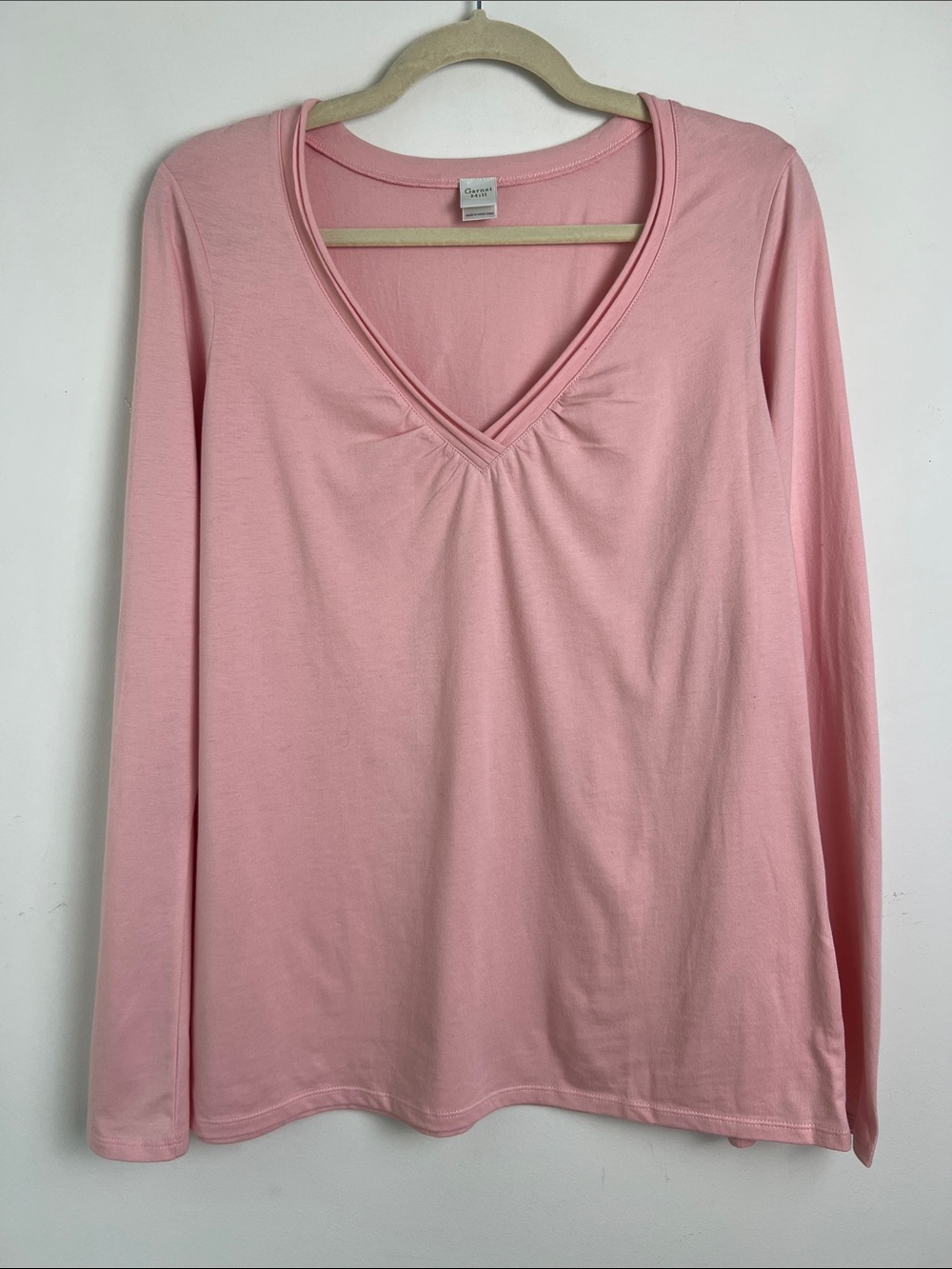 Garnet Hill Large Soft Pink V-Neck Long Sleeve 100% Cotton Gathered Neckline Top